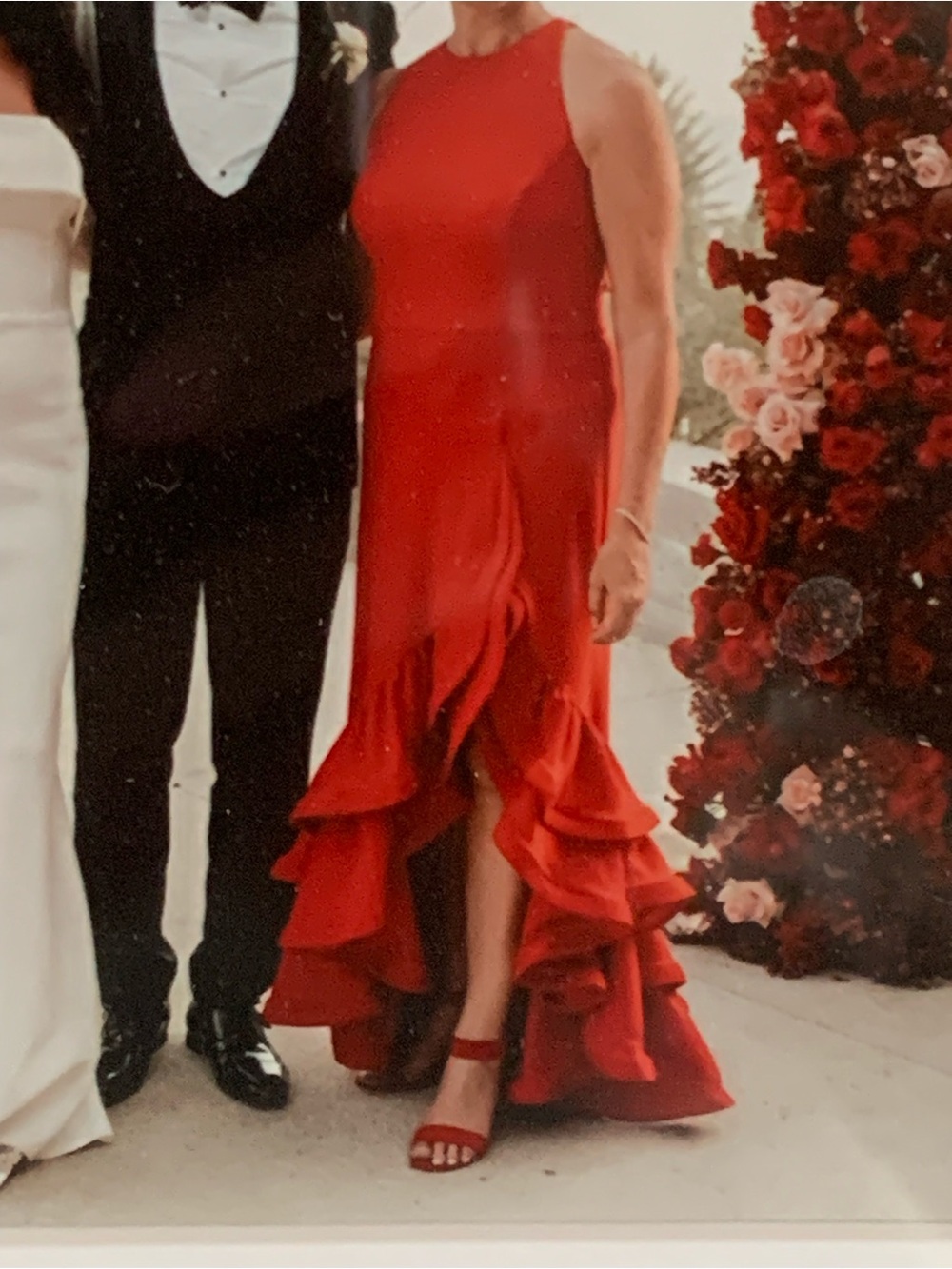 Betsy & Adam Red High-Low Ruffle Evening Gown